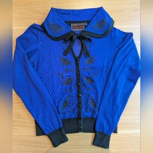Voodoo Vixen Blue and Black Embroidered Women's Cardigan Sweater W/ Collar Pinup